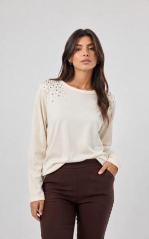 Remera con strass de lanilla morley tipo corderoy