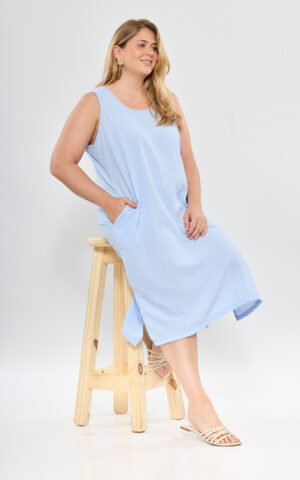 Vestido s/mangas de lino plano c/ lagrima espalda