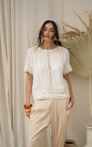 Blusa manga corta con puntilla delantero y mangas