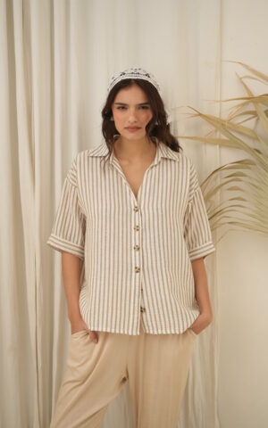 Camisa de lino rayado con botones manga 3/4