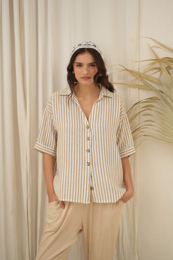 Camisa de lino rayado con botones manga 3/4 - Tres Angeles mayorista