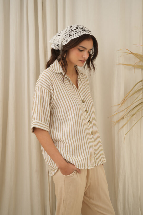 Camisa de lino rayado con botones manga 3/4 - Tres Angeles mayorista