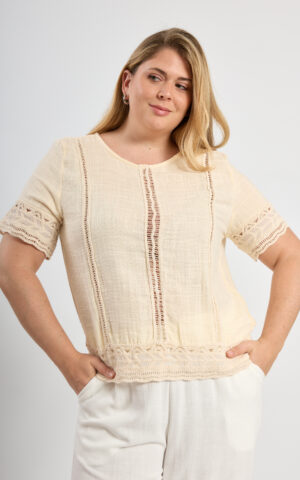 Blusa manga corta con puntilla delantero y mangas