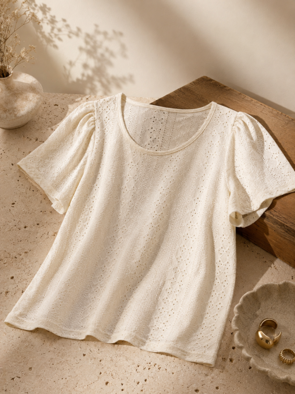Remera con frunces de broderie de punto - Tres Angeles mayorista