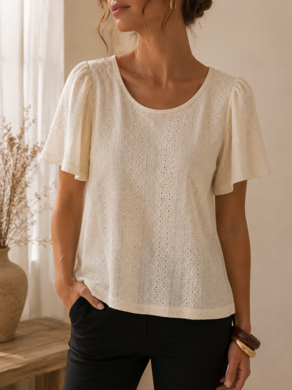 Remera con frunces de broderie de punto - Tres Angeles mayorista