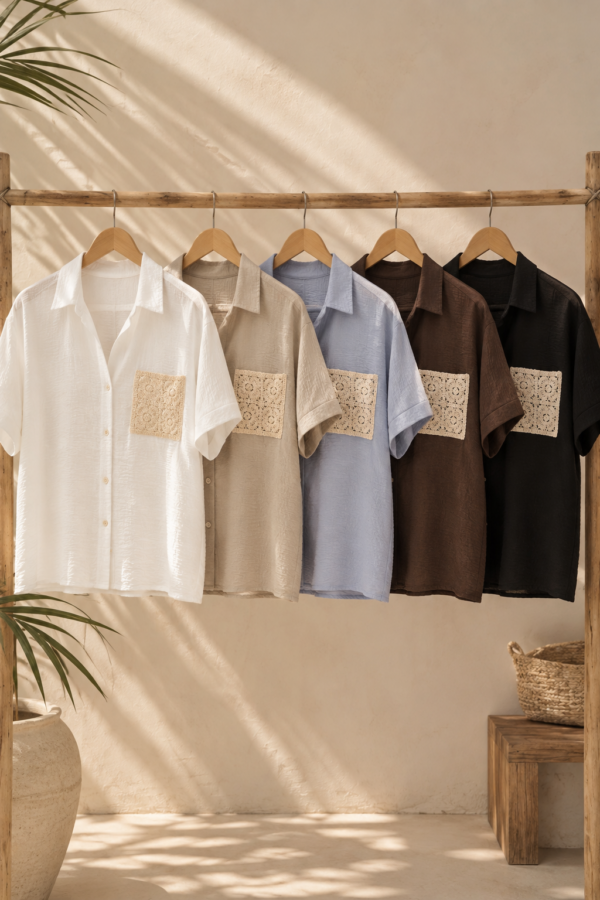 Camisa murcielago de lino con bolsillo aplique - Tres Angeles mayorista