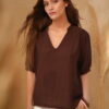 Blusa cuello mao en V manga frunces y puño - Tres Angeles mayorista