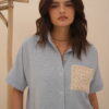 Camisa murcielago de lino con bolsillo aplique - Tres Angeles mayorista