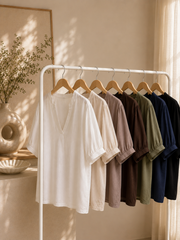 Blusa cuello mao en V manga frunces y puño - Tres Angeles mayorista